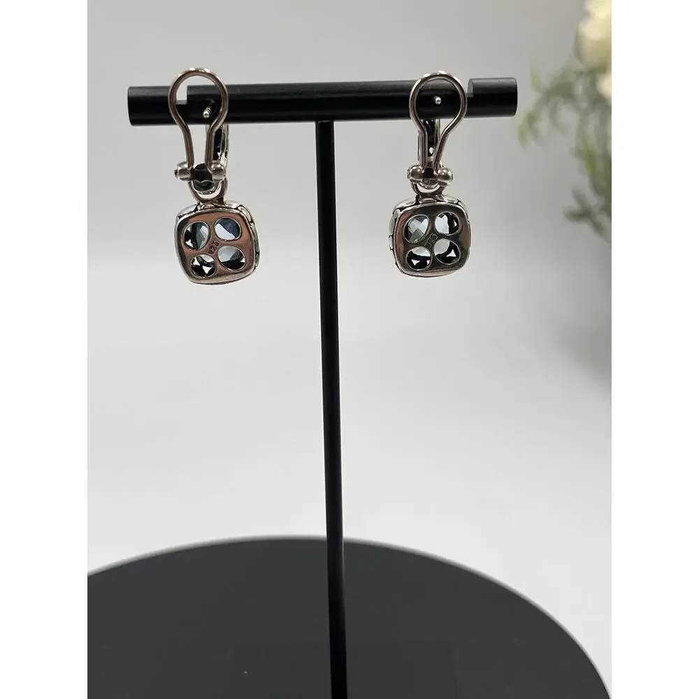 Sterling Silver 925 Faceted Blue CZ Bali Style Hoop‎ Dangle Earrings